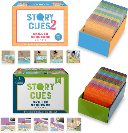 SkillEase Story Cues and Story Cues 2 Bundle, Higher Level Sequencing Cards, Speech Therapy Materials, Social Skills Game, Sentence Building and Picture Cards