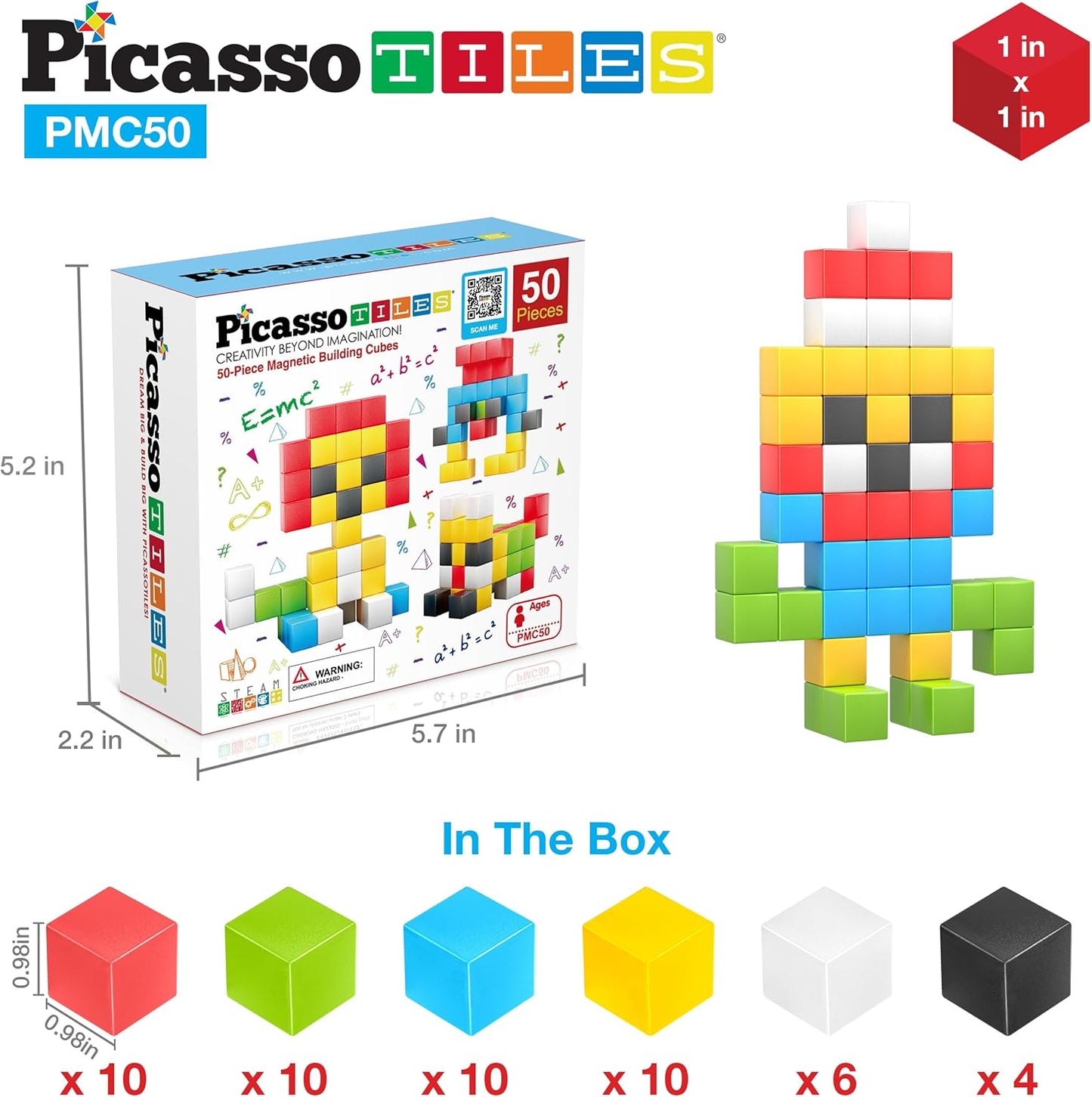 PicassoTiles 60pc Magnetic Puzzle Cube Building Set 1 Inch 3D Blocks STEM Construction Toy for Toddlers Kids Boys Girls Age 3+ Montessori Learning Travel Sensory Gift with Educational Idea Book PMC60