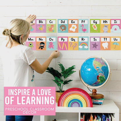 Hadley Designs Alphabet for Classroom Wall Decor - ABC Posters for Classroom Wall Chart Preschool & Kindergarten, ABC Letters & Number Line Elementary, Alphabet Cards, Pastel Classroom Decor