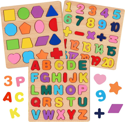 Attmu Wooden Puzzles for Toddlers, 6 Pcs Alphabet Puzzle ABC Shape Number Animal Farm Puzzle, Learning Toys for Kids, Preschool Educational Activities Toddler Gift Toys for Girls Boys Christmas Easter