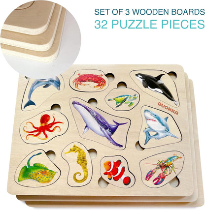 QUOKKA Wooden Puzzles for Toddlers 1-3 – 3xSET Toddler Puzzles Ages 2-4 – Montessori Animal Toy Puzzle for Toddlers 3-5 Year Old – Wood Toy Learning Realistic Animals for Boy and Girl