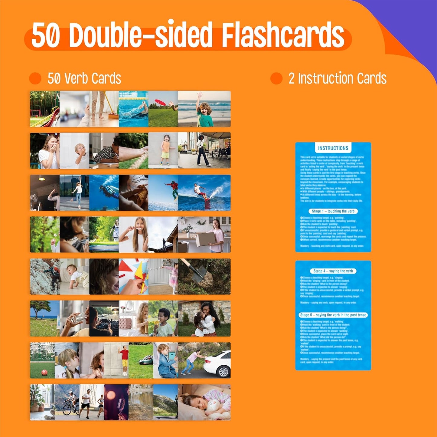 50 Verb Flashcards, Picture & Word Cards Action Language Builder Visual Aid Language Learning Tool for Autism, ESL Teaching Materials for Adults, Non-Verbal Children Vocabulary Builder for Kids