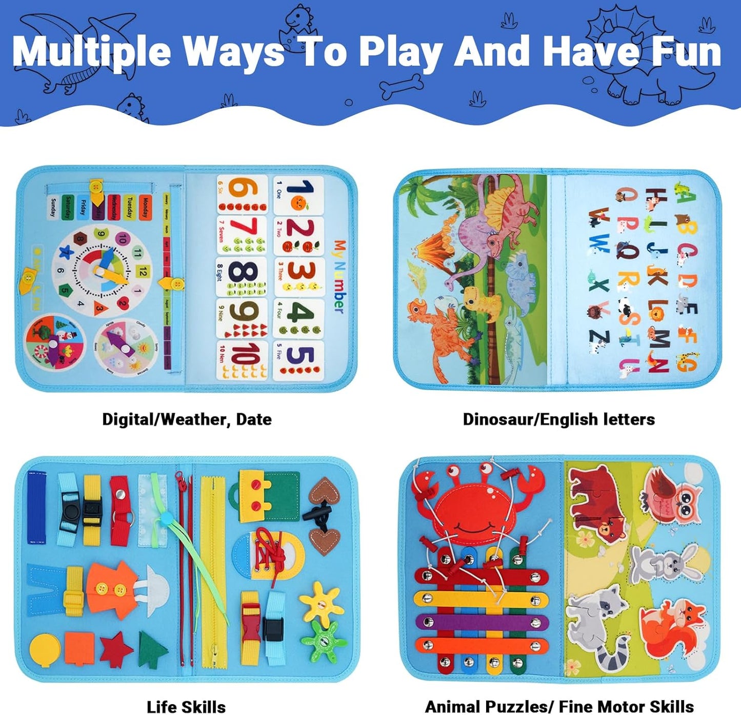 MEGRANATE Montessori Busy Board, Baby Busy Book Educational Learning Toys for Toddlers Quiet Book Activity Books Buckle Toy Fine Motor Skills Toys for 3+ Year Old Kids (Blue)