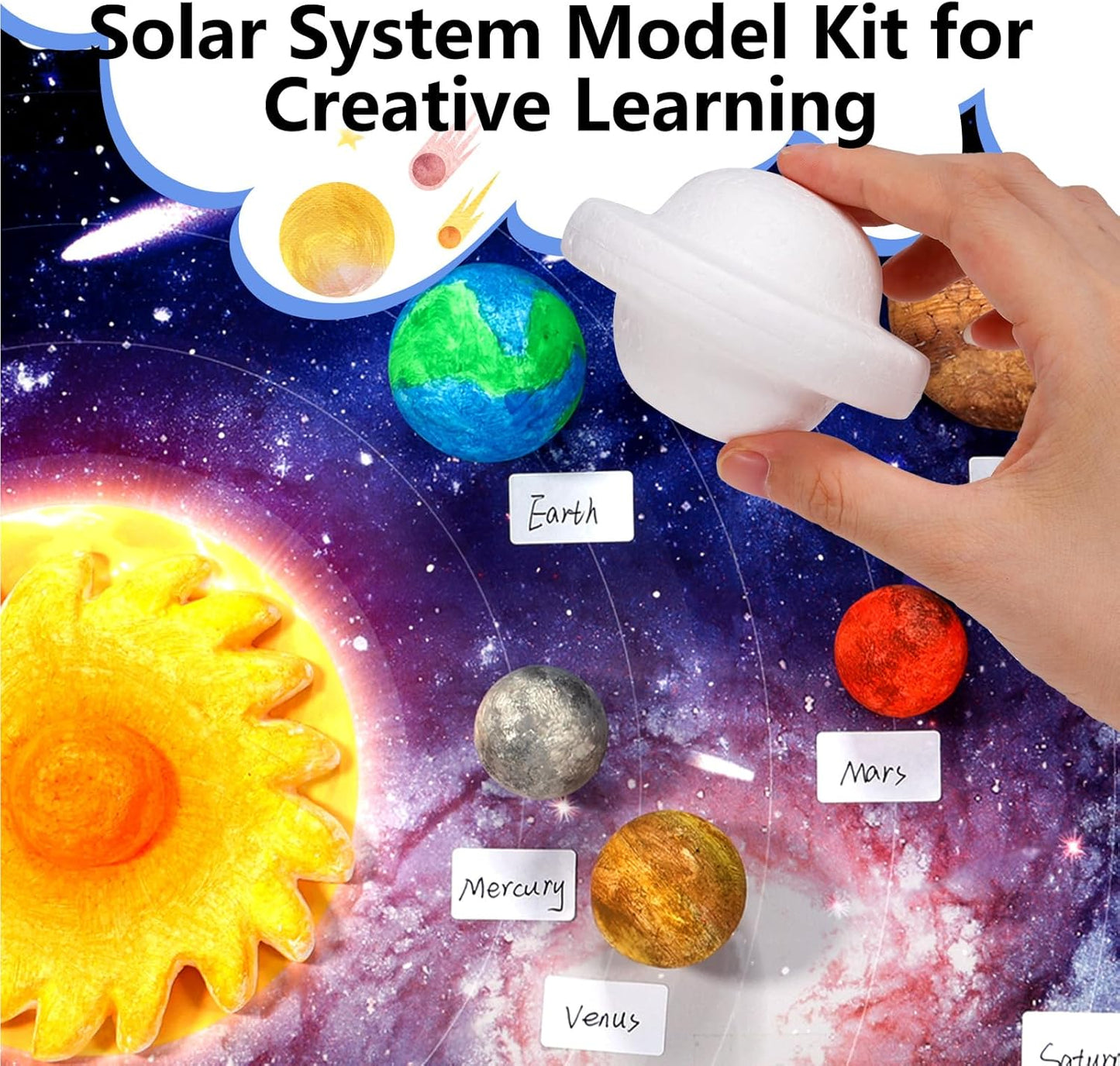Pllieay Solar System Model Foam Ball Kit Includes 14PCS Mixed Sized Polystyrene Spheres Balls, 12PCS Bamboo Sticks, 12 Color Pigments, 2PCS Painting Brushes for School Science Projects