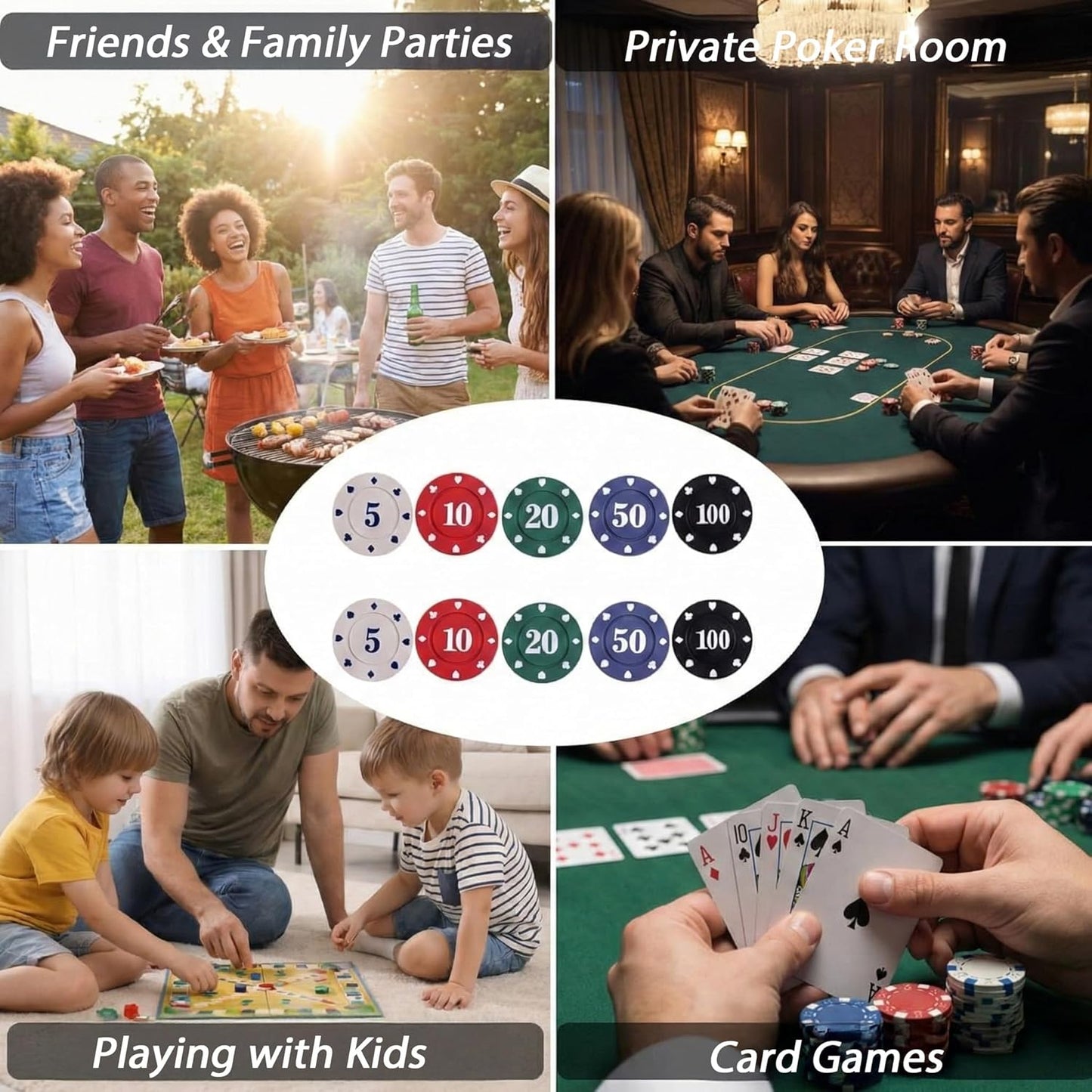 100-Piece Numbered Poker Chips Set with Clear Acrylic Case, 5/10/20/50/100 Denominations, Durable ABS Plastic Gaming Tokens for Texas Hold'em, Blackjack, Math Counting and Party Games