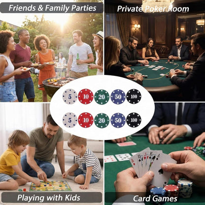 100-Piece Numbered Poker Chips Set with Clear Acrylic Case, 5/10/20/50/100 Denominations, Durable ABS Plastic Gaming Tokens for Texas Hold'em, Blackjack, Math Counting and Party Games