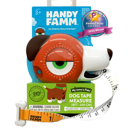 Handy Famm Roscoe the Dog 4-in-1 Kids Tape Measure with Adjustable Level Eye, Angle Finder & Eraser Ears – Montessori STEM Educational Toy for Children Ages 3+, Real Measuring Tool for Learning
