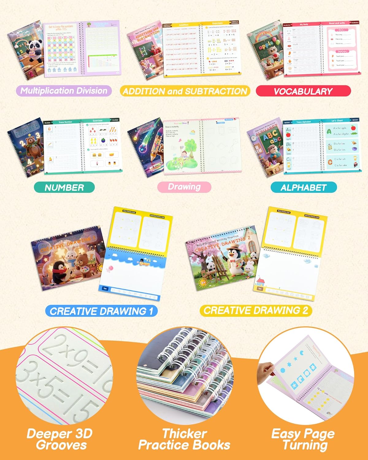 Magic Grooved Writing Practice for Kids Ages 3–8 – 8-Book Reusable 3D Handwriting & Tracing Workbook Kit with Disappearing Ink, Preschool Learning Activity