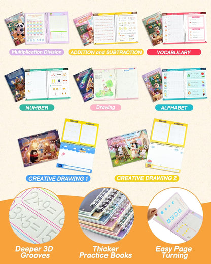 Magic Grooved Writing Practice for Kids Ages 3–8 – 8-Book Reusable 3D Handwriting & Tracing Workbook Kit with Disappearing Ink, Preschool Learning Activity