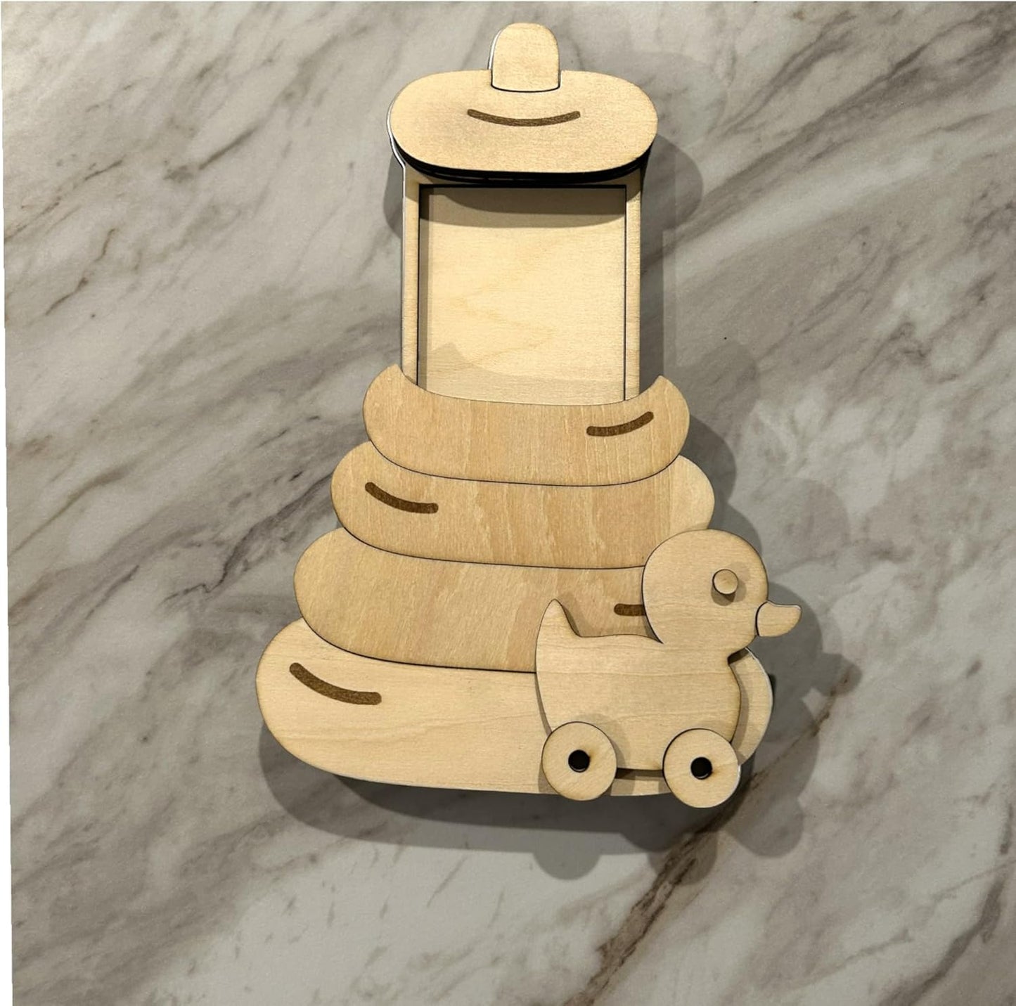 Baby Gift Card Holder with Wooden Stacking Rings Toy, Pull Duck Design, Handcrafted Basswood Keepsake for Baby Shower