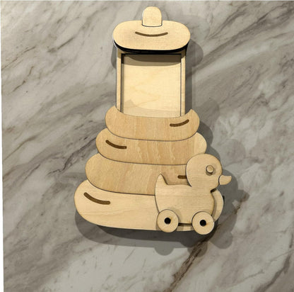 Baby Gift Card Holder with Wooden Stacking Rings Toy, Pull Duck Design, Handcrafted Basswood Keepsake for Baby Shower