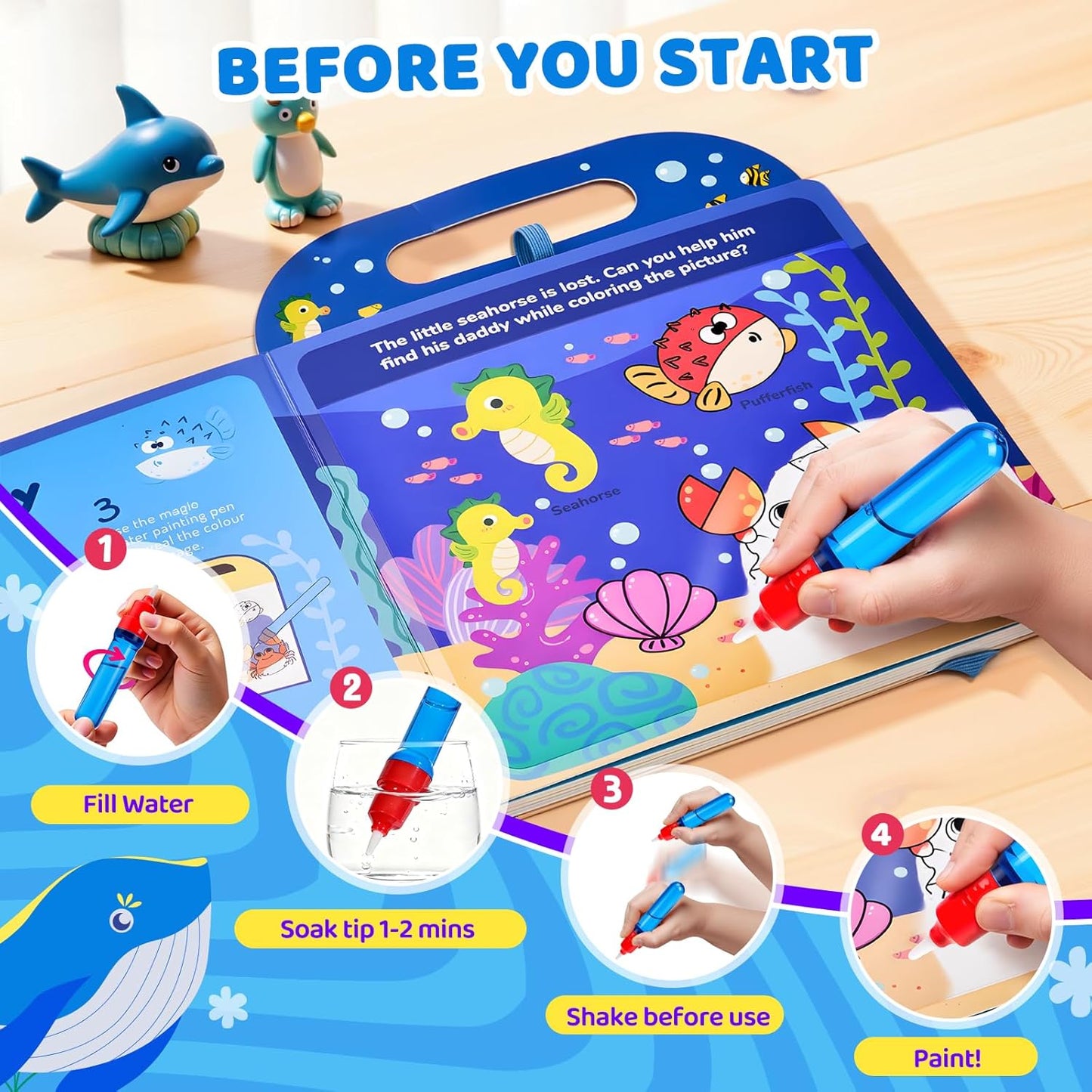 JoyCat Ocean Water Coloring Book for Toddlers 3-5, Reusable No-Mess Water Painting Book with Water Pen, 13 Activity Pages, Travel Toy Gift for Boys & Girls