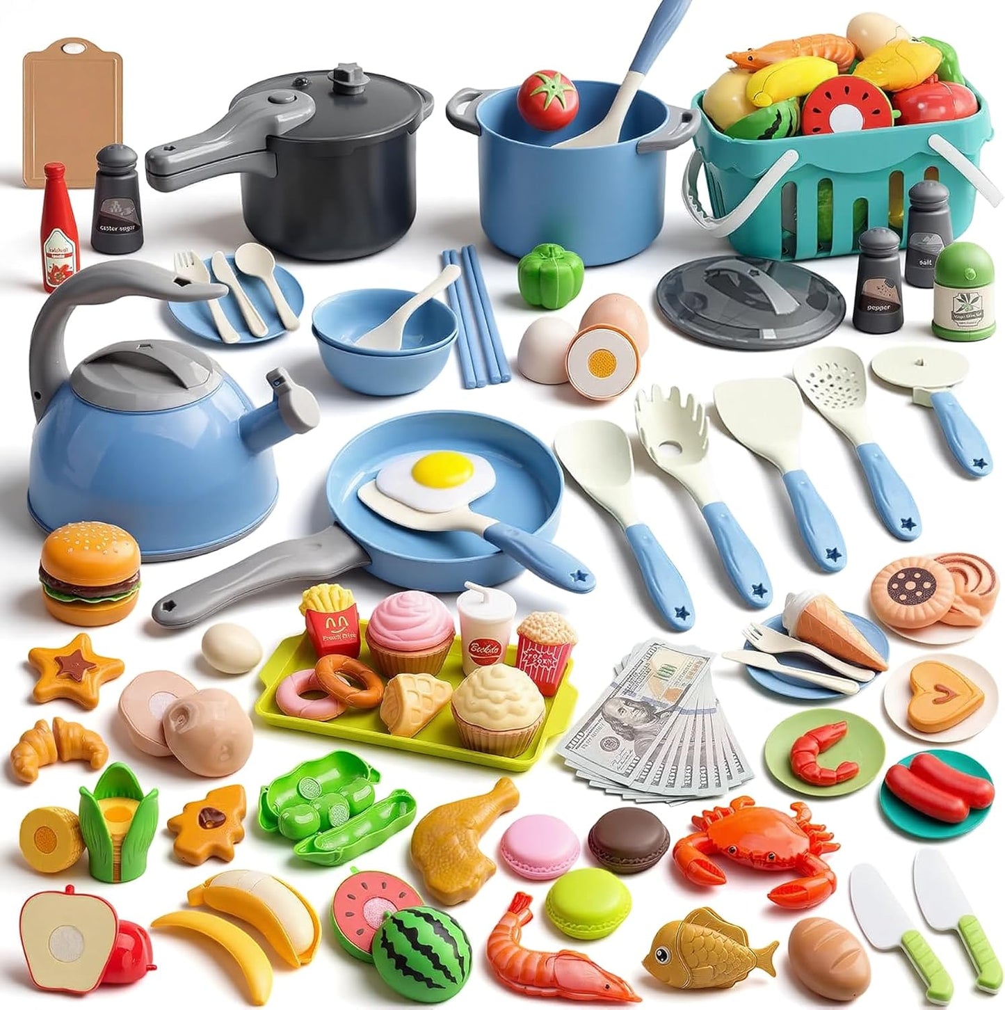 130Pcs Kitchen Playset, Toddler Pretend Cooking Play Pots, Pans, Utensils Cookware, Daily Food Fruit Veges, Shopping Storage Basket, Dessert, Prop Money, Learning Gift for Child (Pink)