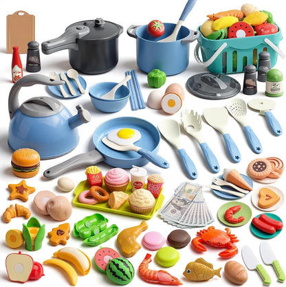 130Pcs Kitchen Playset, Toddler Pretend Cooking Play Pots, Pans, Utensils Cookware, Daily Food Fruit Veges, Shopping Storage Basket, Dessert, Prop Money, Learning Gift for Child (Pink)