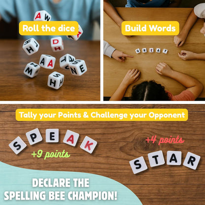 TDC Games Spelling Bee – Letter Dice Word Game for Kids and Adults, 26 Alphabet Dice, Fast-Paced Educational Travel Game, 2–8 Players Ages 6+, Vocabulary Builder for Family, School, and Classroom
