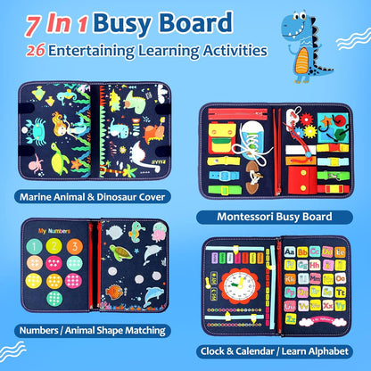 Qizfun Toddler Busy Board Montessori Toys – Sensory Busy Book, Educational Learning Travel Toy for Airplane & Car, Keeps Toddlers Entertained, Birthday Gifts for Toddler Boys Girls (Blue/P8)