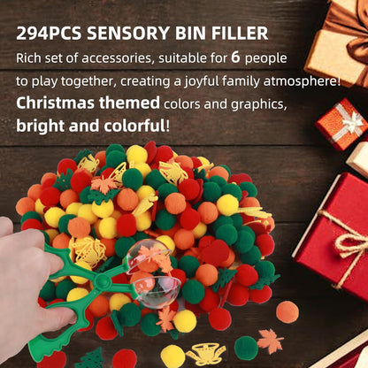 Sensory Bin Filler, Summer Party Gift, Apples,Trees, Pom Poms, Maple Leaves, Bells,Toddler Toys, Counting Sorting Set,Fine Motor Toys Preschool Education Toys,for 3+ Years Old Kids, 294pcs.