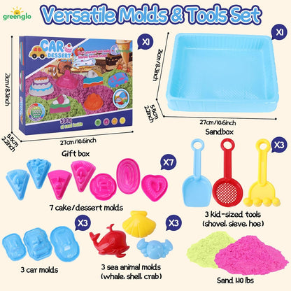 greenglo Kids Sensory Magic Sand Playset - 1.10 Lbs Color Sand Kit, 16 Pcs Molds (Cake/Dessert, car, sea Animal) & Tools, Ideal Sensory Bin for Boys & Girls Ages 3-8