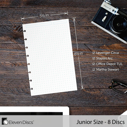 Eleven Discs Discbound Paper, Junior Size Mileage Log Sheets - Premium 120gsm Heavyweight Notebook & Planner Refills - 8 Discs, 5.5 x 8.5 in - Punched for Circa, Arc, TUL (50 Sheets)
