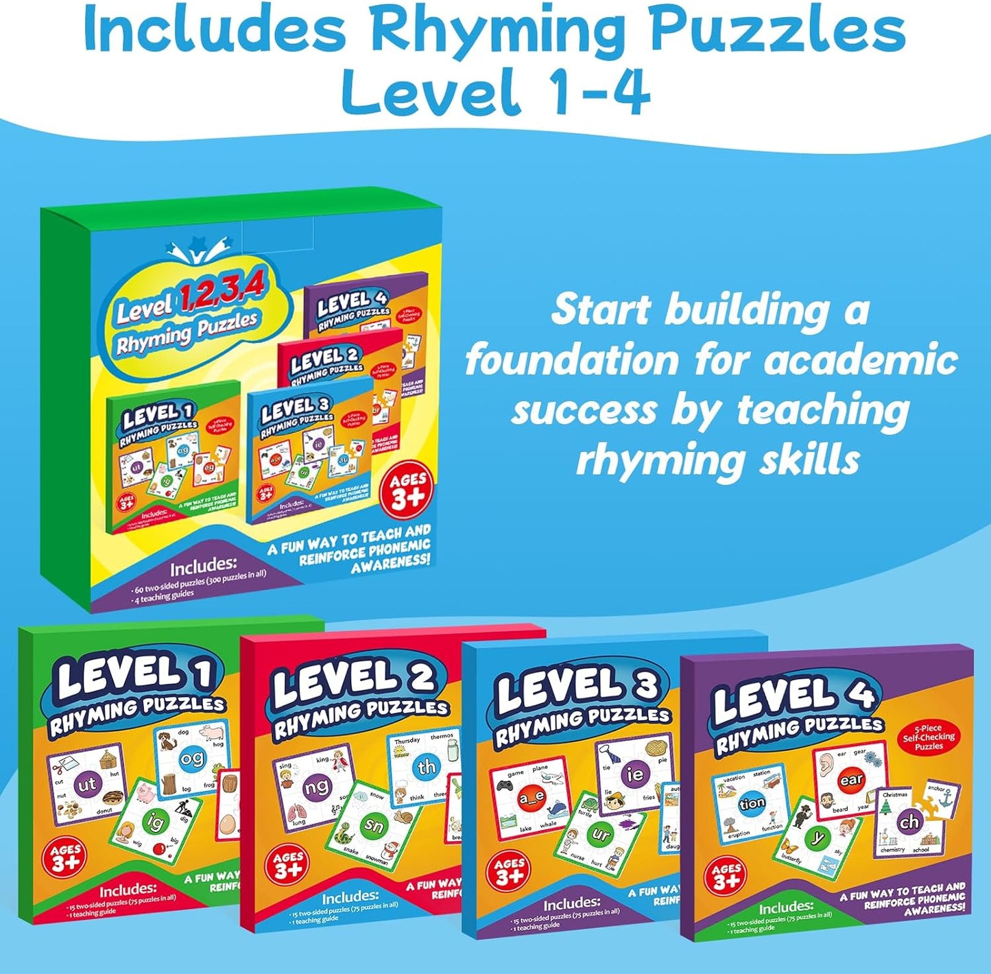 Torlam Phonics Puzzle Cards Level 1-4, Learn to Read Rhyming Games Phonics Flash Cards Spelling CVC Words, Digraphs Blends, Long Vowel, Silent E, Trigraphs Sight Words for Toddlers Kids Kindergarten