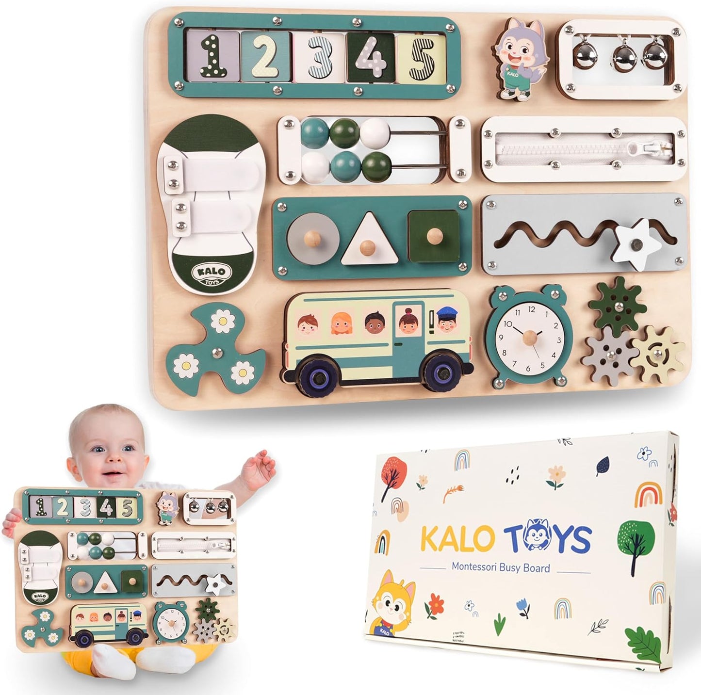 KALOTOYS Large Montessori Busy Board for Baby & Toddlers 1-3 — 17-Inch Wooden Sensory Activity Board — Fine Motor Skills & Early Learning Educational Toy for 1 2 3 Year Old, Travel Friendly & Safe