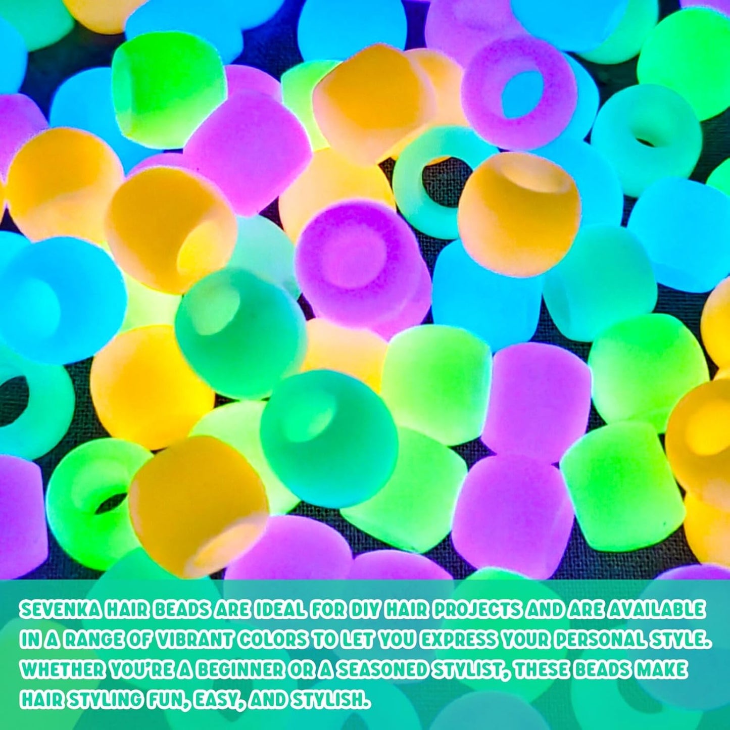 SEVENKA 100 Small Silicone Hair Beads Glow in Dark, 5mm Colorful Soft Micro Silicone Hair Beads for Girls Braids, 2 Plastic Quick Beaders for Hair Braids, 50 Elastic Rubber Bands