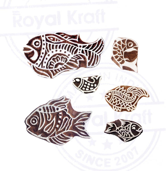 Pottery Printing Blocks Retro Fish Pattern Wooden Stamps (Set of 6) Htag1958