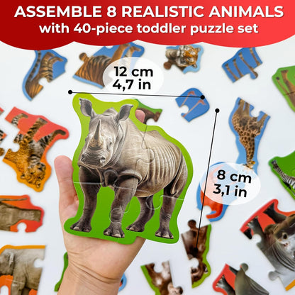 QUOKKA Toddler Puzzles Ages 2-4 - Large Floor Puzzles for Kids 3-5 - 8 Realistic Animal Shapes | Extra Thick Cardboard | Preschool Learning Game - 40 Big Piece Gift for Toddlers 1-3 Years Old