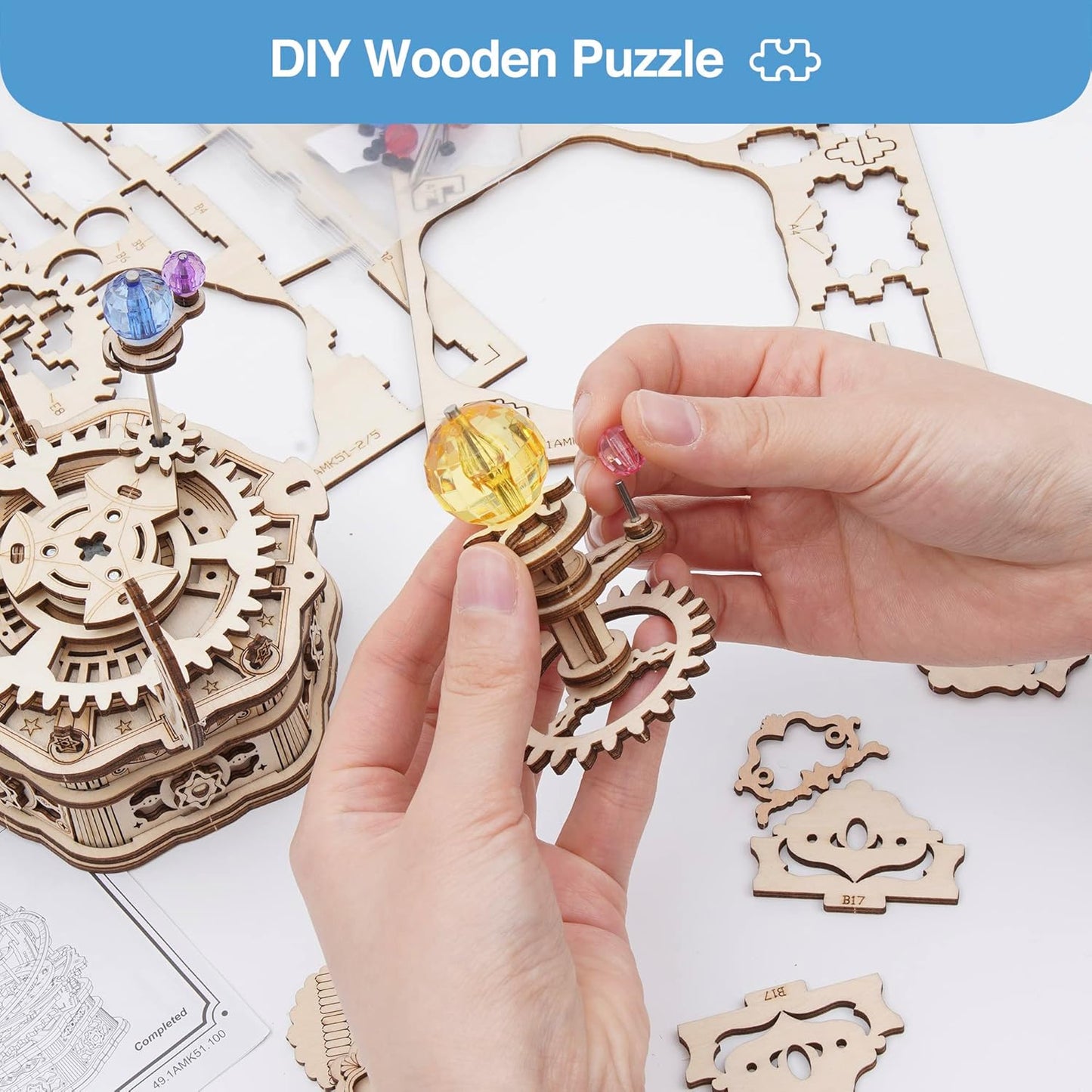 ROBOTIME 3D Puzzles for Adults Model Kits for Adults Hobbies for Men/Women Rotating Starry Night Wooden Puzzle Music Box AMK51