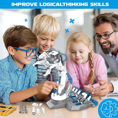 SMIESSKIDDO 3 in 1 Hydraulic Robot Arm - 220 Pcs STEM Building Toys with 4-Jaw Grab, Suction & Tongs for Kids 8-12 | No Batteries Needed Engineering Gift for Boys & Girls Ages 9 10 11 - Yellow