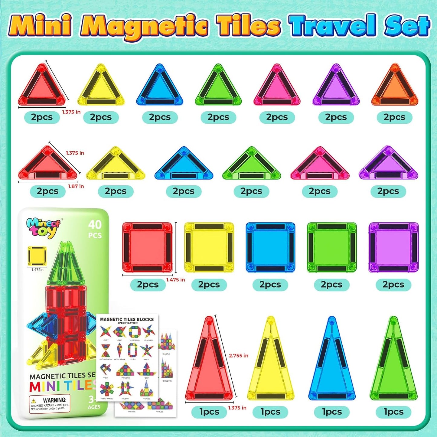 40PCS Magnetic Tiles Mini Travel Essentials Toddler Toys with Case Set, Preschool Montessori Education Magnetic Building Blocks Games Sensory Toys for 3 4 5 Year Old Boys Girls Birthday Gifts