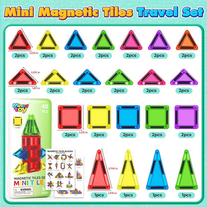 40PCS Magnetic Tiles Mini Travel Essentials Toddler Toys with Case Set, Preschool Montessori Education Magnetic Building Blocks Games Sensory Toys for 3 4 5 Year Old Boys Girls Birthday Gifts