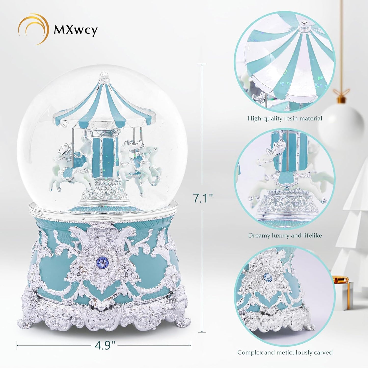 Carousel Music Box Gold & Ivory Christmas Snow Globes, 8.3" Rotate Carousel Snow Globe for Kids & Adults, Classic Wind up Musical Snow Globe Birthday Gifts for Women Girls, Carousel Horse Home Decor