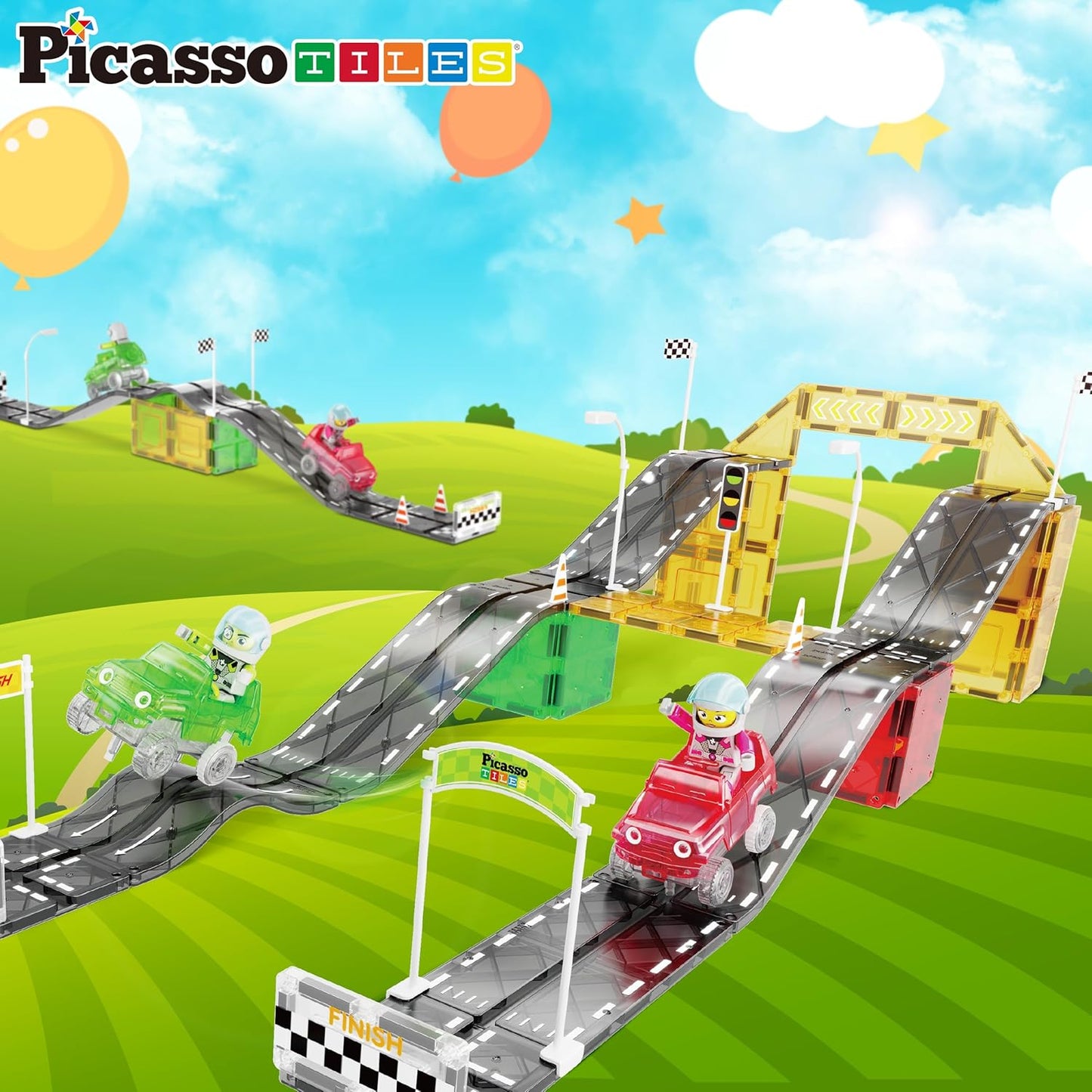 PicassoTiles 50pc Racecar Track Magnetic Tiles Educational Kids Toy with 2 Light Up Trucks STEM Preschool Learning Magnet Tile Toddler Toys Boys Girls Ages 3+ Blocks Game Puzzles Build Playset PTR50