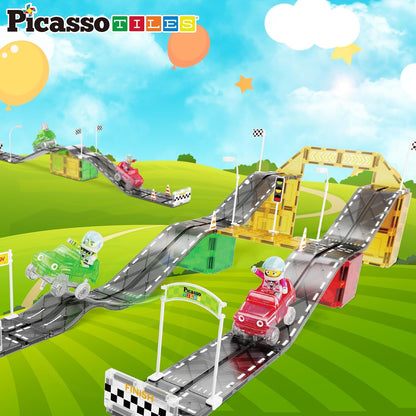 PicassoTiles 50pc Racecar Track Magnetic Tiles Educational Kids Toy with 2 Light Up Trucks STEM Preschool Learning Magnet Tile Toddler Toys Boys Girls Ages 3+ Blocks Game Puzzles Build Playset PTR50