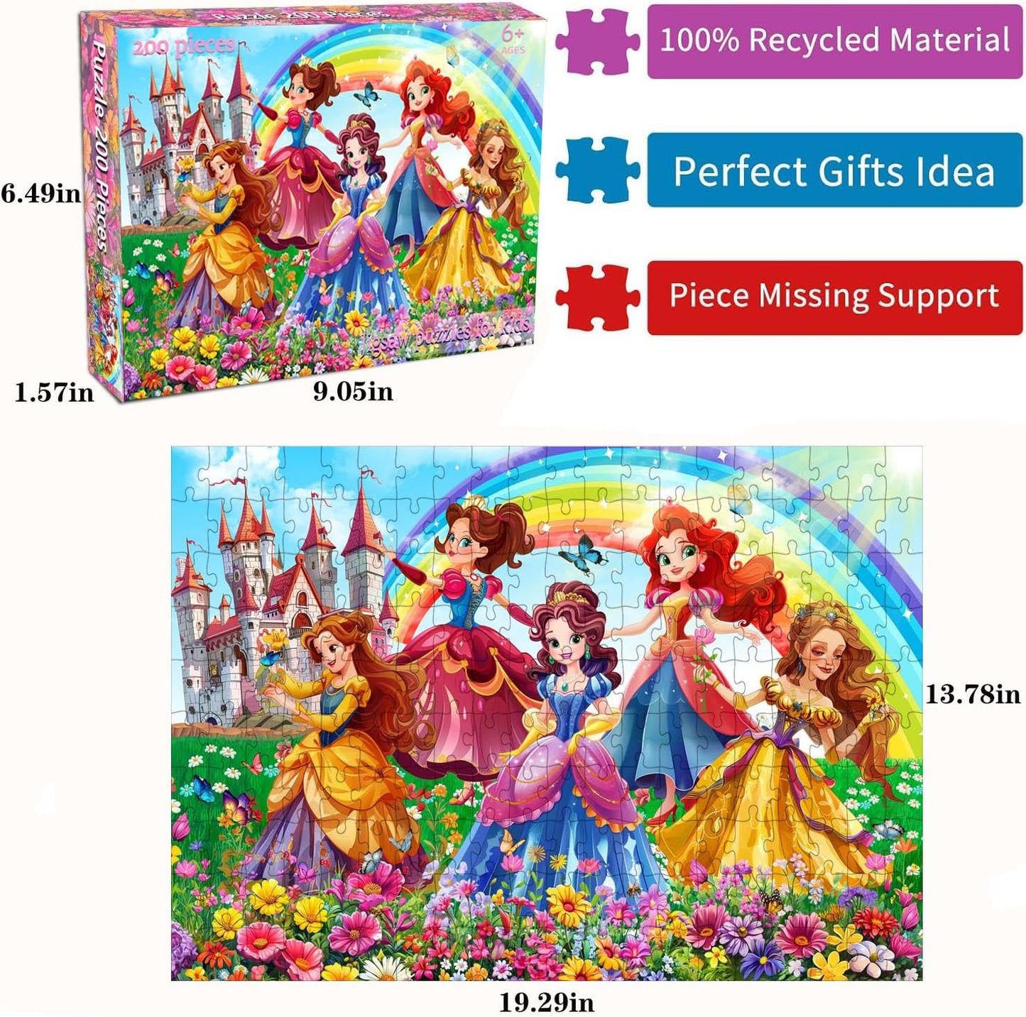Princess Castle Jigsaw Puzzles for Girls Ages 6-8, 200 Piece Jigsaw Puzzle with Rainbow & Fairytale Scenery, 1:1 Reference Poster Included, for Kids Ages 4-6 8-10