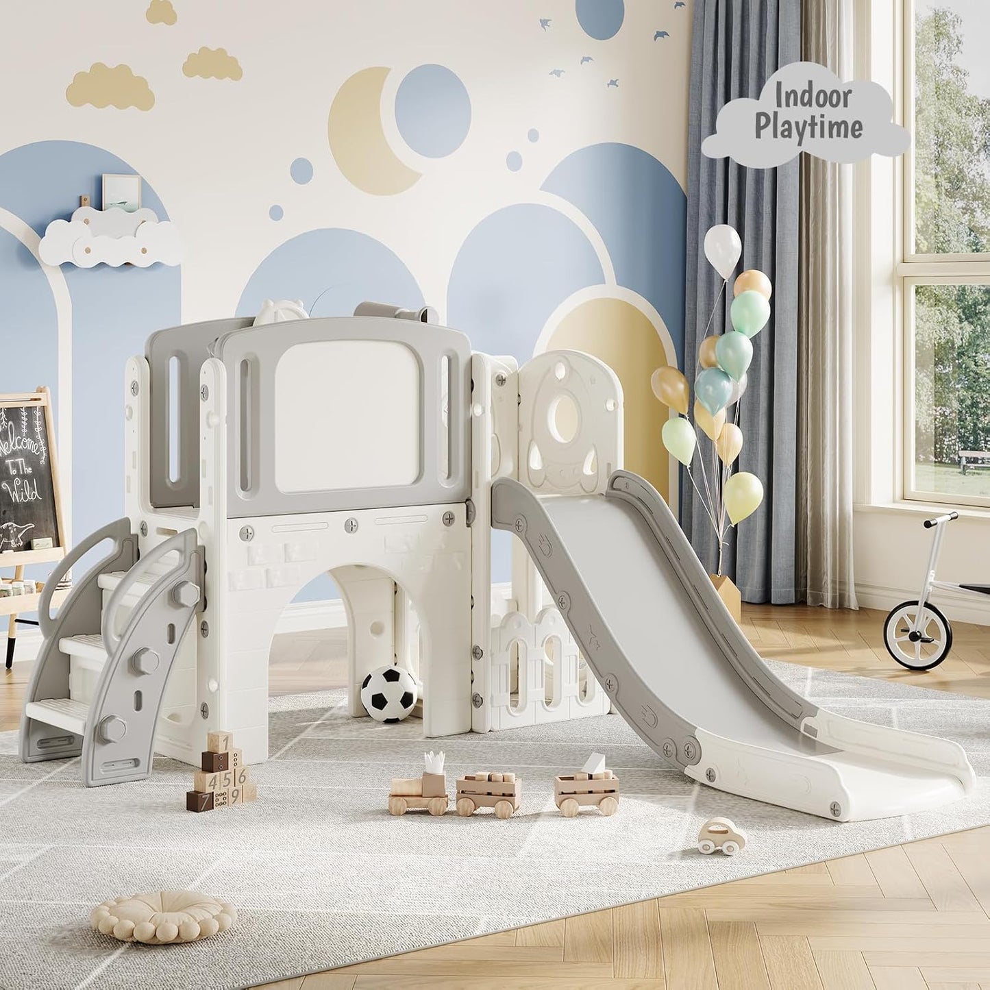GarveeLife Toddler Slide 8 in 1 Indoor Playground Outdoor Playset Kids Baby Slides for Toddlers Age 1-3 with Climber Basketball Hoop Telescope Drawing Board and Storage Space for Courtyards