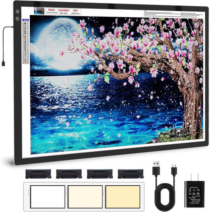 Rechargeable A3 Light Pad for Diamond Painting,Tracing Light Box with Stand and Clip,3 Colors Stepless Dimmable and 6 Levels of Brightness Light Board for Artists,Drawing,Sketching,Animation