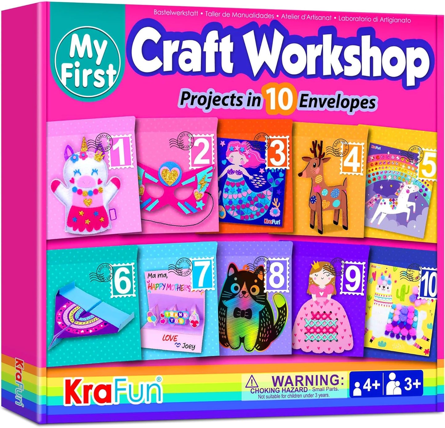 KRAFUN Toddler Art and Craft Kit, Preschool Educational Activities with 10 Envelope Projects - Origami, Puppets, Lacing & Pompoms, Creative DIY Gifts for Boys and Girls Ages 3-5