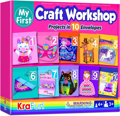 KRAFUN Toddler Art and Craft Kit, Preschool Educational Activities with 10 Envelope Projects - Origami, Puppets, Lacing & Pompoms, Creative DIY Gifts for Boys and Girls Ages 3-5