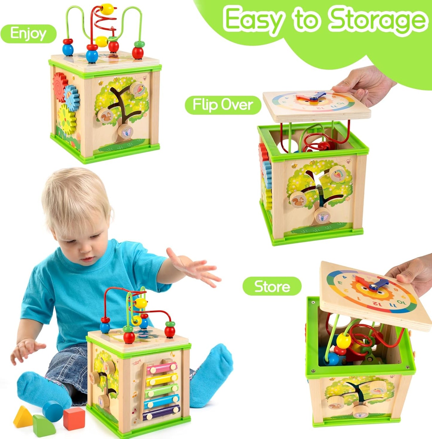WOODMAM Wooden 7-in-1 Activity Cube| Montessori Toys for 1 Year Old Toddlers| Baby Educational Developmental Toys |One Year Old Boys Girls First Birthday Gifts |Bonus Sorting & Stacking Board