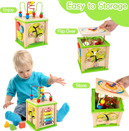 WOODMAM Wooden 7-in-1 Activity Cube| Montessori Toys for 1 Year Old Toddlers| Baby Educational Developmental Toys |One Year Old Boys Girls First Birthday Gifts |Bonus Sorting & Stacking Board