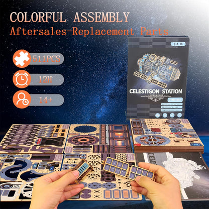 3D Wooden Puzzles for Adults - Space Station Mechanical Model Kit with Lights & Music, 511PCS Adult Wooden Puzzles, DIY Building Toy for Teen & Adults, Miniature House Kit for Birthday Father's Day