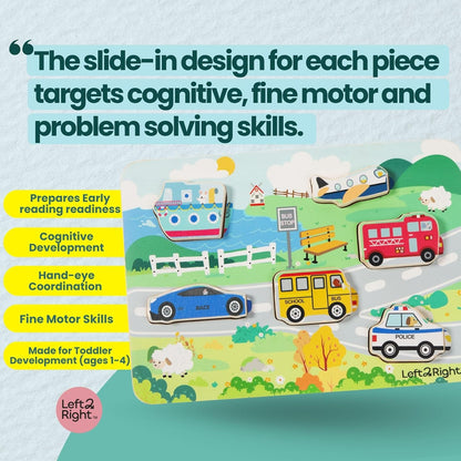 LEFT2RIGHT Wooden Puzzle for Toddlers 1-3 | Montessori Puzzle for 2 Year Old | Best Educational Puzzle for Motor Skills & Sensory Learning | Wooden Peg Puzzles for Toddlers 1-3 Transportation Edition