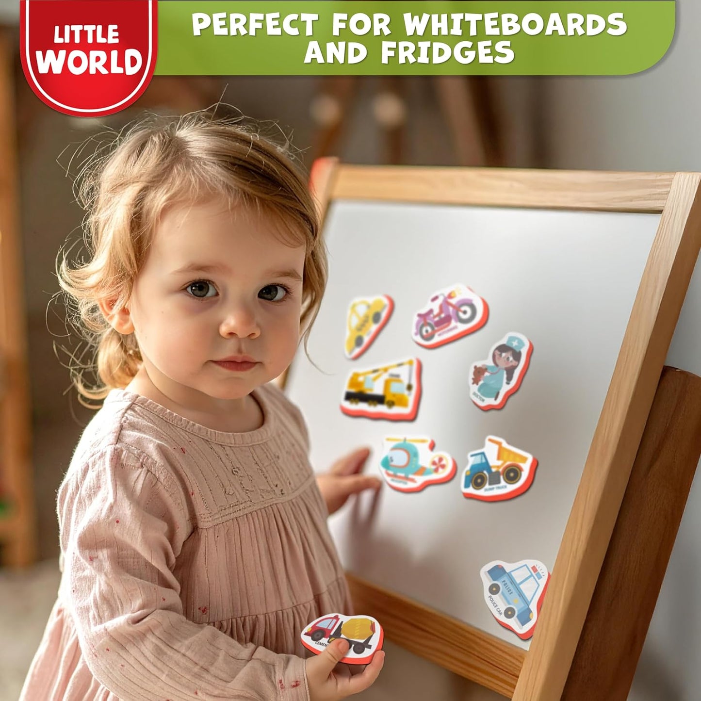 Little World Large Set of Safe and Durable Fridge Magnets for Toddlers 1-3 | Foam Refrigerator Magnets for Kids with Gift Box | Waterproof, Non-Toxic Cars & Vehicles Magnets for Children and Babies 1+