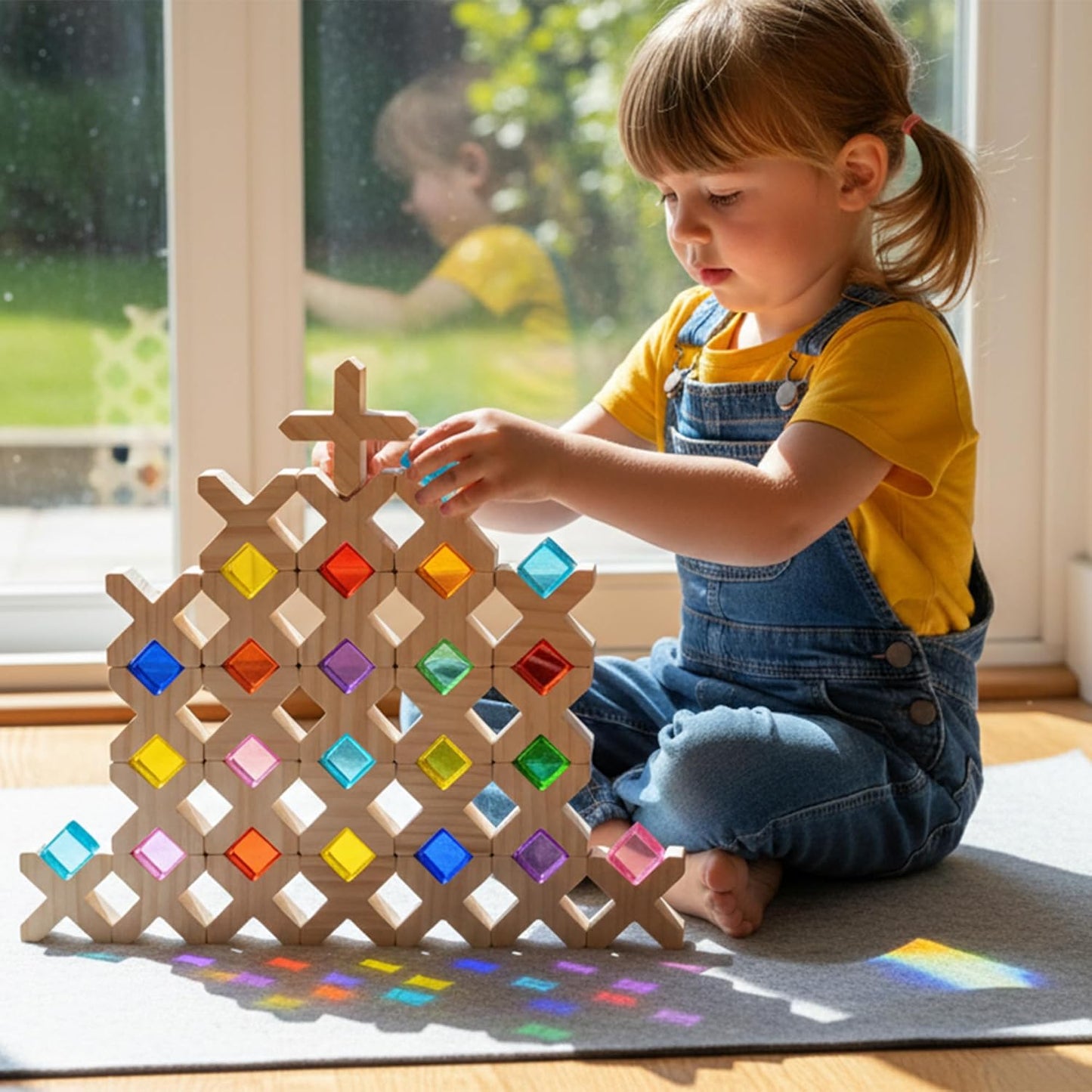Woodtoe Wooden Building Blocks Set for Kids, 36 PCS Rainbow Acrylic Gem Blocks - 3 Wood House, Montessori Stacking Toy for Toddlers, Educational STEM Birthday Creative Toy Gift for Boys Girls 3-6