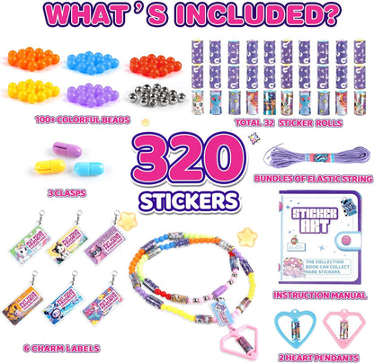Plunack DIY Sticker Jewelry Making Kits Bracelets for Kids, Stickers Set, Includes Beads & Charms & Pendants, 320Pcs Mini Holographic Stickers, Bracelet Making Kit for Girls 6-12 Birthday Gift