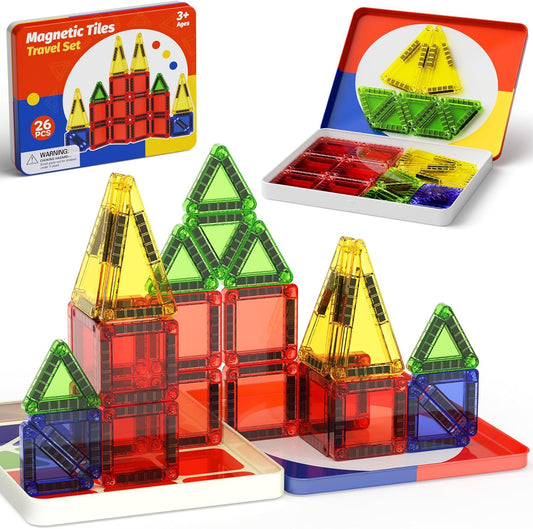 WMXDU Large Pastel Magnetic Tiles - 48 Pcs Macaron-Colored Glitter Magnetic Blocks with Travel Metal Storage Box - Diamond STEM Toys for Girls Ages 3-8 - Portable Sensory Building Set for Kids