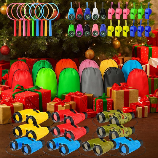 Foilswirl 12 Set Binocular Compass Magnifying Glass Set Christmas Birthday Gift Small Telescope Binocular with Whistle Bag for Outdoor Exploring Stocking Stuffer(Multiple Color,Classic)
