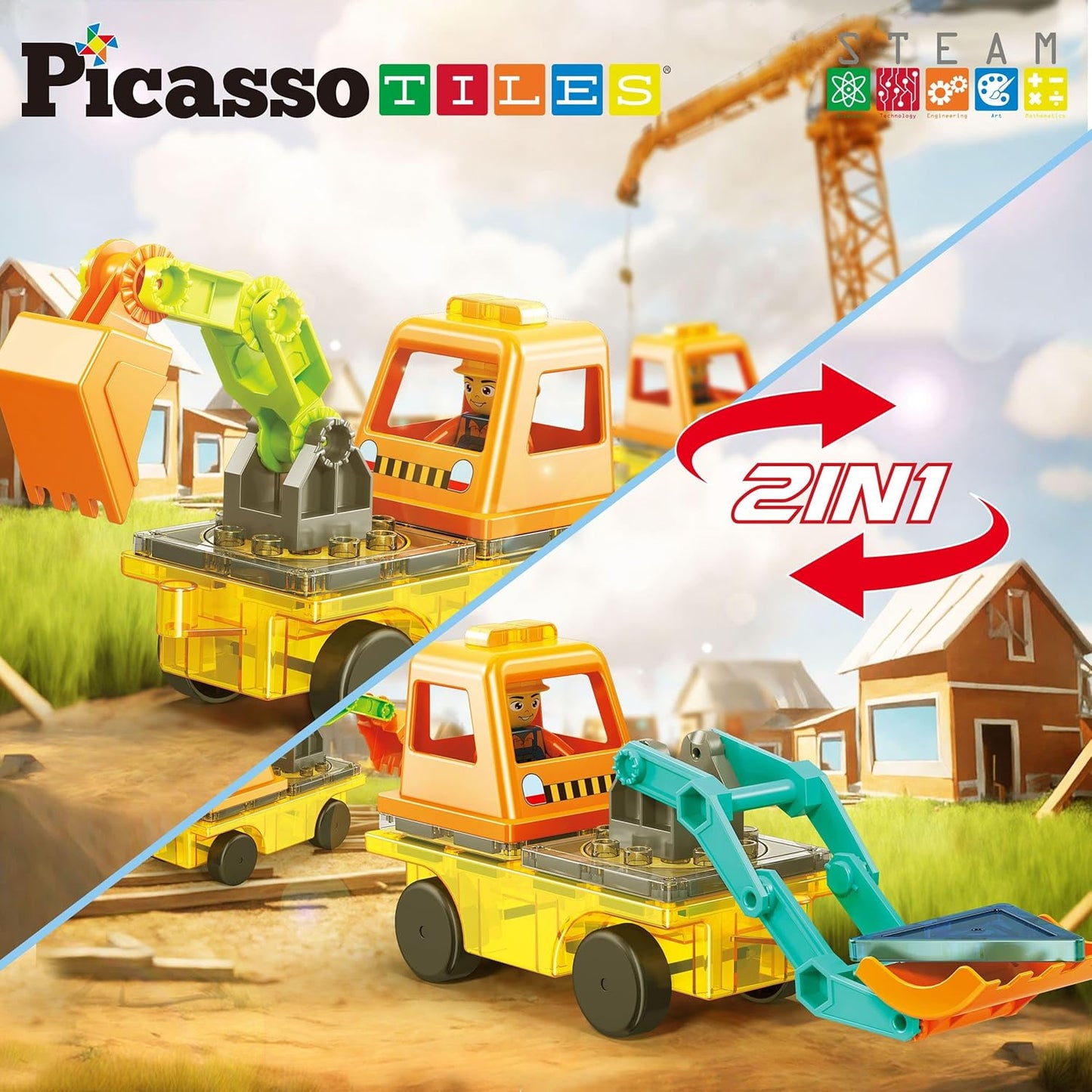 PicassoTiles Magnet Tile Construction Themed Building Blocks 5-in-1 Crane, Ladder, Dump Truck, Excavator, and Backhoe Action Figures, 2 Car Base Vehicles Magnetic Tiles Learning Toys Kids Ages3+ PTU06